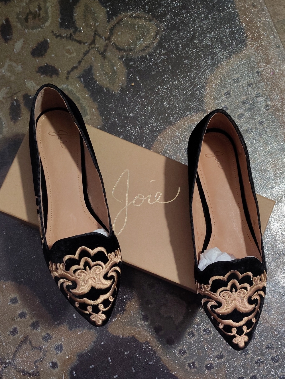 Joie Black Velvet Pointed Toe Flats with Gold Embroidery37.5  $125